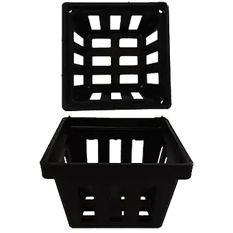 Black square mesh plant pot with large side and base openings for drainage and root aeration.