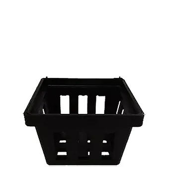 Black square mesh plant pot with open side slots for drainage, airflow and healthy root growth.
